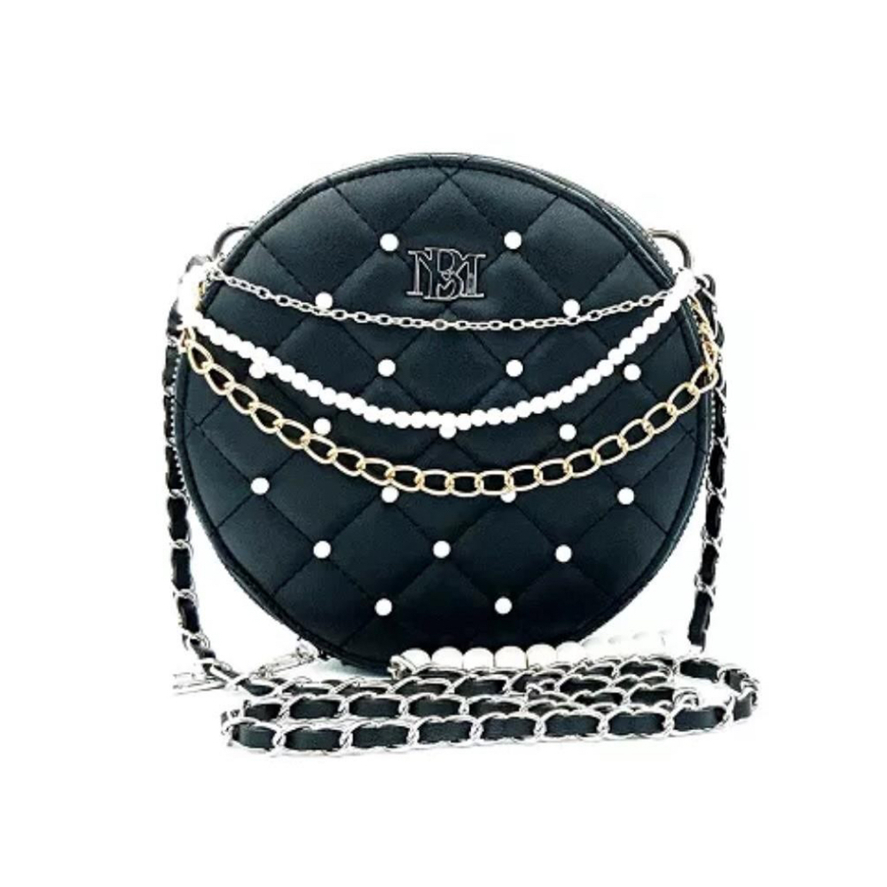 BADGLEY MISCHKA Crossbody Handbag Small Round Black Pearls Rocker Goth Chic NEW